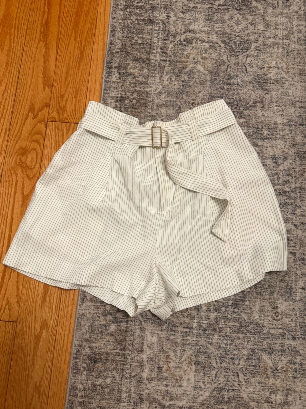 Club Monaco White Pinstripe High-Waist Belted Shorts